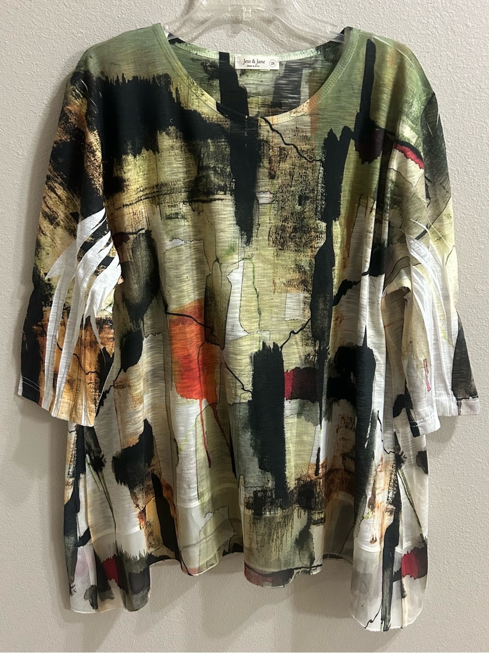 Jess & Jane Top Size 2X Artsy Abstract USA Made Casual Lightweight Earthy Boho